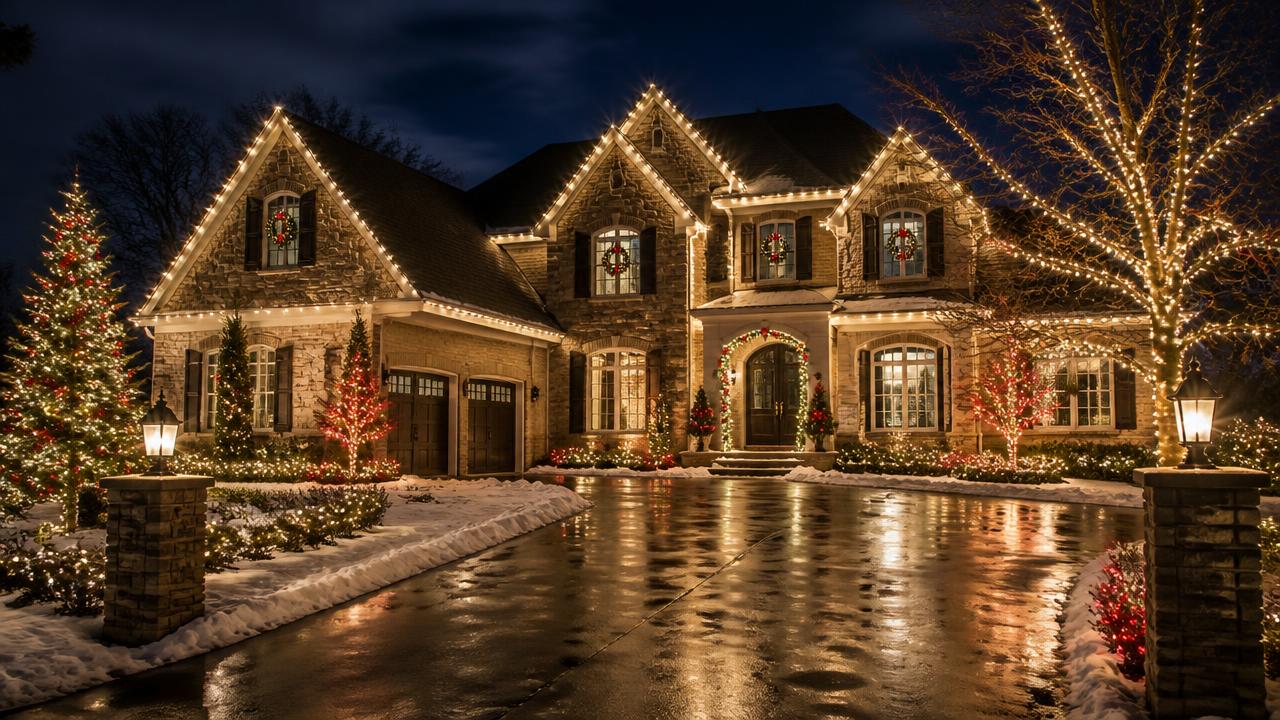 Beautiful home decorated with professional holiday lights at night